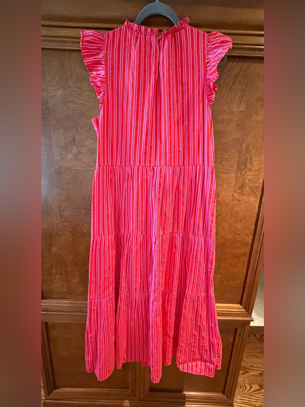 J. Crew Pink Striped Ruffle Sleeve Maxi Dress lined with pockets
